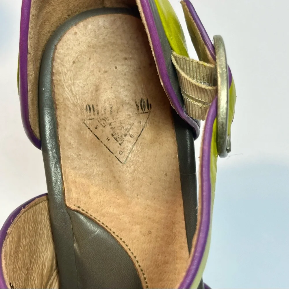 SOLD Fluevog Elif Mary Jane Mini Heels Shoes Olive Green Purple Buckle Strap - Picture 9 of 14